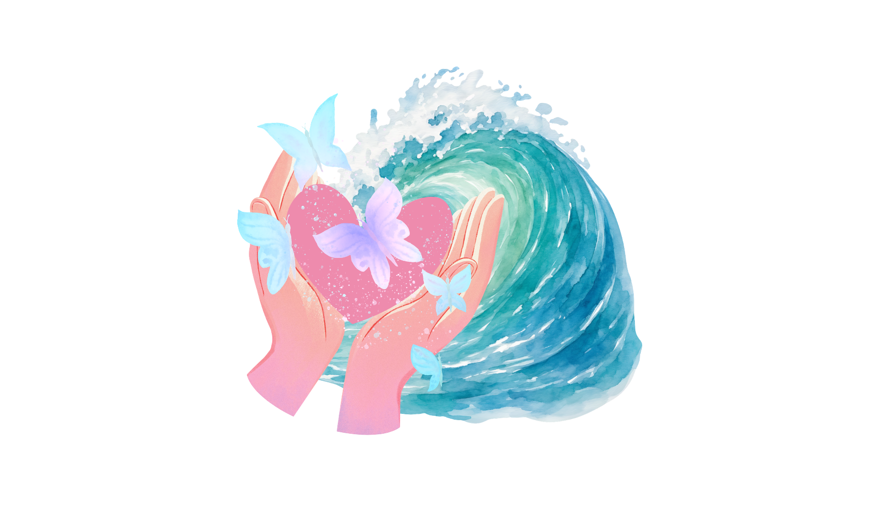 hands holding a heart with butterflies over an ocean wave