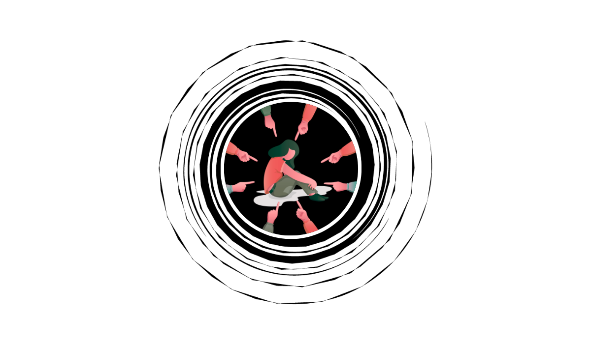 woman in distress, in a black hole with fingers surrounding her, the shame spiral