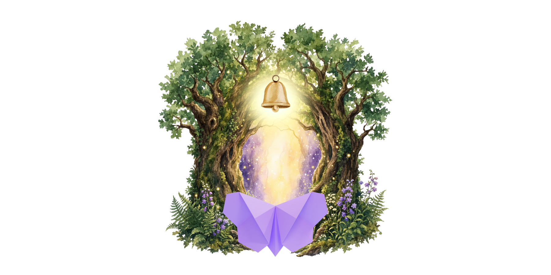 a bell on top of a portal in a forest with an origami butterfly below it