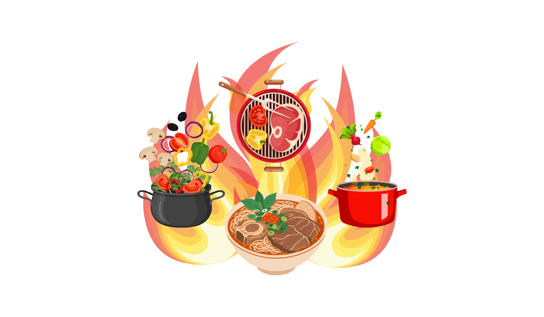ramen in the middle of a fire with different cooking vessels and ingredients